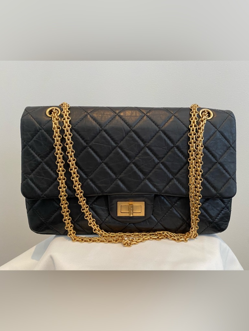 CHANEL Auth Reissue 2.55 227 Double Flap Bag Black Aged Calfskin, Gold Hardware